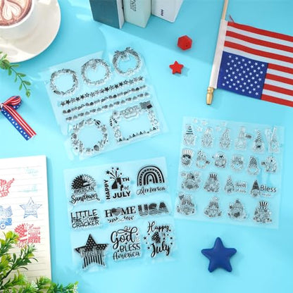 5 Sheet 4th of July Clear Stamps Patriotic Silicone Transparent Stamps Border Stamp Cards for 250th Anniversary Independence Day Memorial Day DIY Crafts Card Making Scrapbooking Embossing (5 Count)