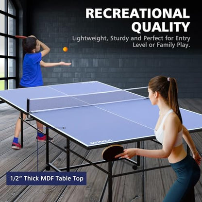 8ft/9ft Mid-Size Table Tennis Table Foldable & Portable Ping Pong Table Set for Indoor Games with Net, 2 Table Tennis Paddles and 3 Balls (7 Count)