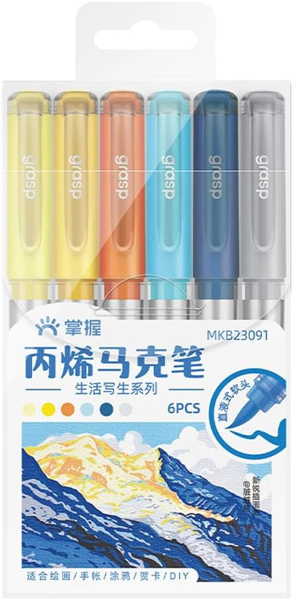 6 Color Acrylic Paint Markers, Brush Tip Acrylic Paint Pens With Visual Ink Window, Fabric Paint Markers for Clothes, Textile - High Coverage on Wood, Glass, Rock - DIY Art Supplies for Kids, Adults