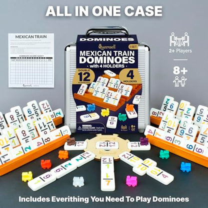 Mexican Train Dominoes Set with Numbers and 4 Holders