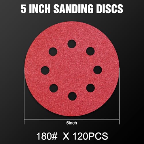 120 Pcs 5 inch Sanding Discs 180 Grit 8 Hole Hook and Loop Round Sandpaper for Random Orbital Sander (120 Count)