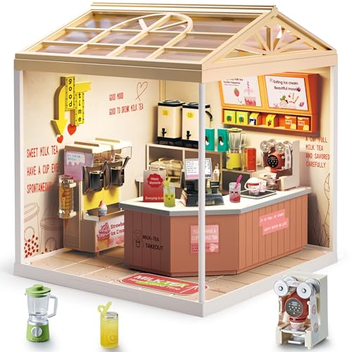 Bubble Tea Shop DIY Miniature House Kit with Roof & LED Light
