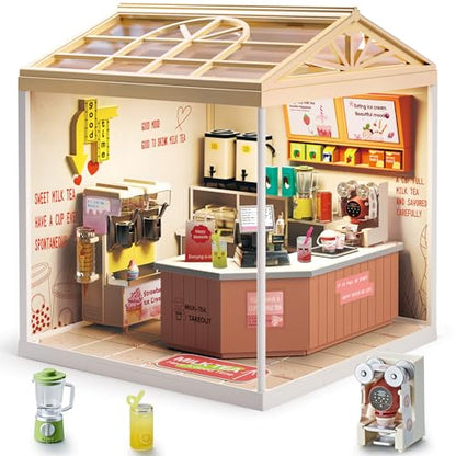 Bubble Tea Shop DIY Miniature House Kit with Roof & LED Light