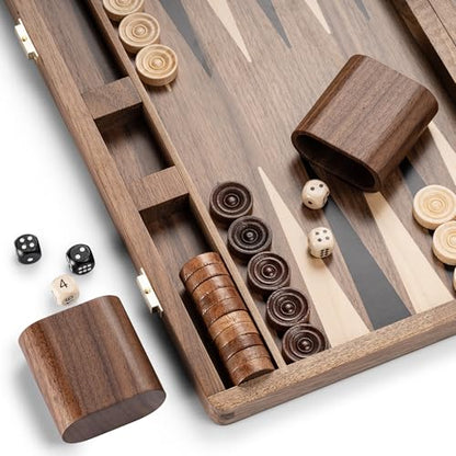 14.5” Premium Natural Walnut Folding Backgammon Sets for Adults and Kids