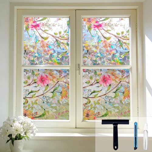 Stained Glass Window Film Rainbow Floral Static Cling Window Film Flower Window Privacy Film No Glue Decorative Window Cling UV Blocking Heat Control Glass Windows Stickers