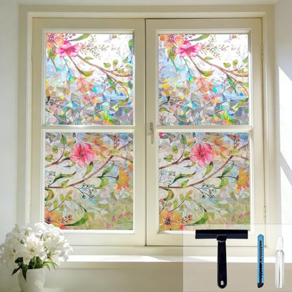 Stained Glass Window Film Rainbow Floral Static Cling Window Film Flower Window Privacy Film No Glue Decorative Window Cling UV Blocking Heat Control Glass Windows Stickers
