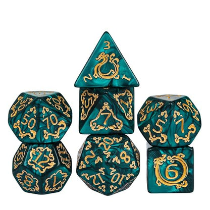 7 Die DND Dice Set Dragon Pattern Polyhedral Die with Leather Bag (7 Count)