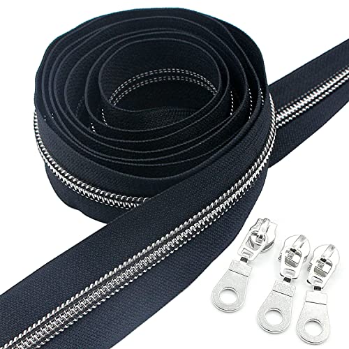 5 Silver Metallic Nylon Coil Zippers by The Yard Bulk 10 Yards Zipper Tape with 25pcs Silver Sliders for DIY Sewing Tailor Craft Bag
