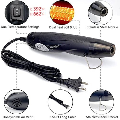 Mini Heat Gun + Reflector Nozzles Kit 350W Fast Heat Hot Air Gun Overload Protection 2 Temp Setting 392°F