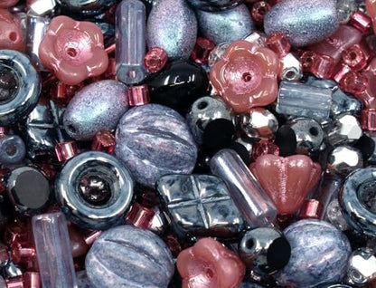 2.1oz (60 g) Mix of Unique Czech Bohemia Glass Pressed Beads, Matte and Glossy, Hand Made, Pink Gray Black Hematite (2.1164 Ounce)