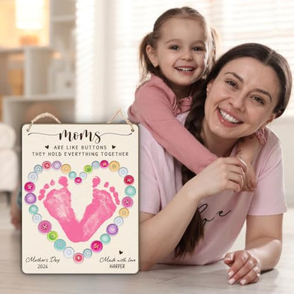 DIY Mothers Day Footprint Craft Button Heart Hanging Sign for Mom Sewing