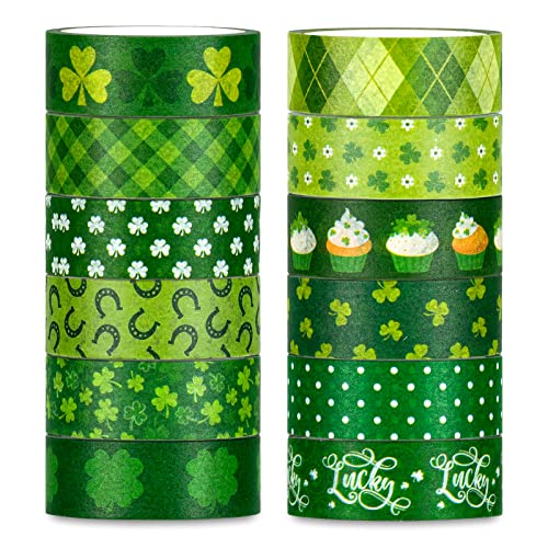 12 Rolls St. Patrick's Day Washi Tape Green Shamrock Washi Masking Tapes 15mm Clover Plaids Lucky Holiday Paper Tape Sticker for Irish Party Scrapbook Gift Packing DIY Craft Decor (196.8 Foot)