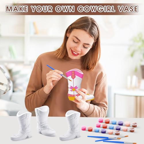 6 Set Cowboy Boot Vase Ceramics to Paint Ready to Paint Your Own Ceramic Cowgirl Hat Vase DIY Unpainted Plaster Paintable Kit Crafts with Brush Palette for Adults (6 Count)
