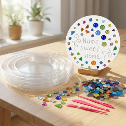 14 Pcs Round Stepping Stone Mold Kit with Mosaic Tiles and Tools for DIY