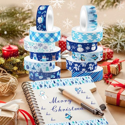 12 Pcs Christmas Washi Tape Blue Snowflake Print Masking Tape Frozen Pattern Decorative Paper Sticker for Christmas Party Holiday Scrapbook Handbook Sticker (196.8 Foot)