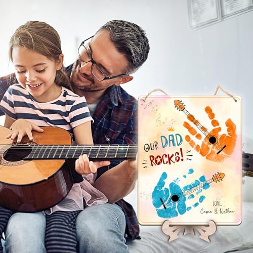 DIY Our Dad Rocks Guitar Craft Plaque Baby Handprint Gifts for Dad Papa Musician Guitar Player