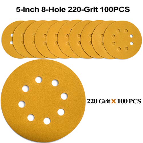 5-Inch 8-Hole Hook and Loop Sanding Discs 220-Grit, 100-Pack (100 Count)