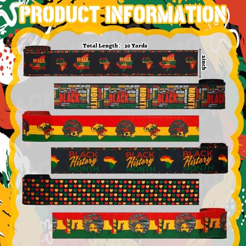 12 Rolls Black History Month Ribbons 2 Inch x 60 Yards Wired Edge Fabric Ribbons Craft Assortment Black History Month Themed Pattern Wrapping Crafts for DIY Gift Hair Sewing Wreath 12 Styles (12 Count)