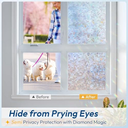 Rainbow Window Privacy Film Decorative Stained Glass Diamond Pattern Window Sticker with Iridescent Tint Non (9.58 Sq Ft)