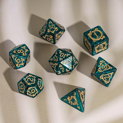 7 Die DND Dice Set Dragon Pattern Polyhedral Die with Leather Bag (7 Count)