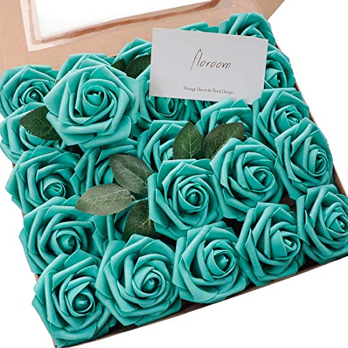 Artificial Flowers 50pcs Real Looking Teal Green Foam Fake Roses with Stems for DIY Wedding Bouquets Bridal Shower Centerpieces Floral Arrangements Party Tables Home Decorations (50 Count)