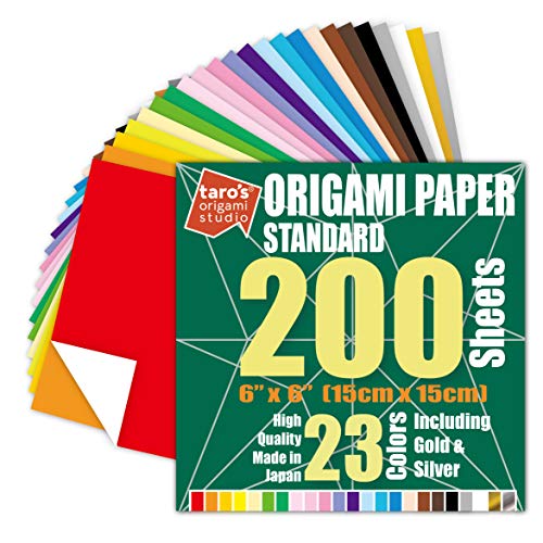 Taro's Origami Studio] Standard 6 Inch One Sided 23 Colors 200 Sheets Square Easy Fold Premium Japanese Paper for Beginner