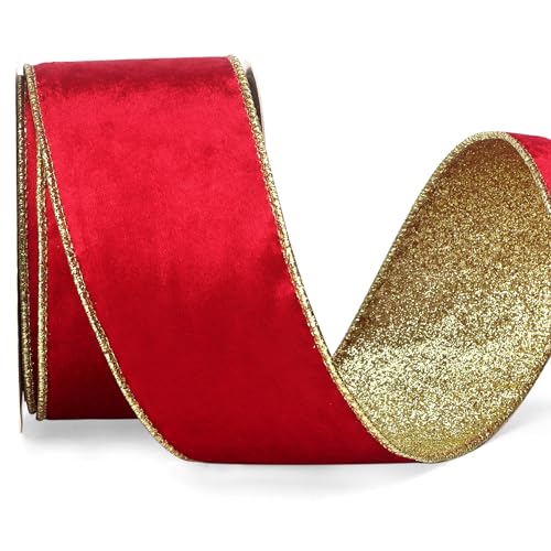 Red Velvet Wired Ribbon 2.5 Inch Red Velvet with Gold Glitter Christmas Ribbon for Christmas Tree Decoration Big Bow Gift Wrapping Crafts Wreaths Supplies (30 Foot)