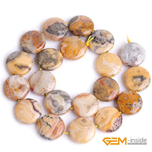 GEM Inside Crzay Lace Agate Gemstone Loose Beads Natural 20mm Coin Crystal Energy Stone Power for Jewelry Making 15"