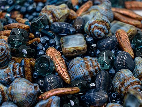 2.1oz (60 g) Mix of Unique Czech Bohemia Glass Pressed Beads, Dark Blue, Table Cut, Matte and Glossy, Faceted Fire Polish, Hand Made Set Kit BCV (2.1164 Ounce)