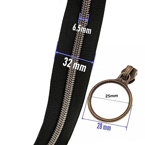 5# Black Nylon Zipper Tape Brass Teeth 10 Yards Continuous Zipper with 25 pcs Ring Pull Silders Bulk