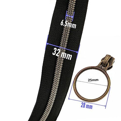 5# Black Nylon Zipper Tape Brass Teeth 10 Yards Continuous Zipper with 25 pcs Ring Pull Silders Bulk