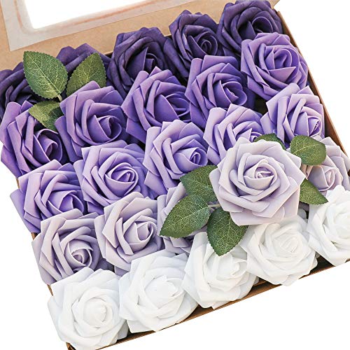 Artificial Flowers 25pcs Real Looking Violet Purple Ombre Colors Foam Fake Roses with Stems for DIY Wedding Bouquets Bridal Shower Centerpieces Party Tables Home Decorations (25 Count)