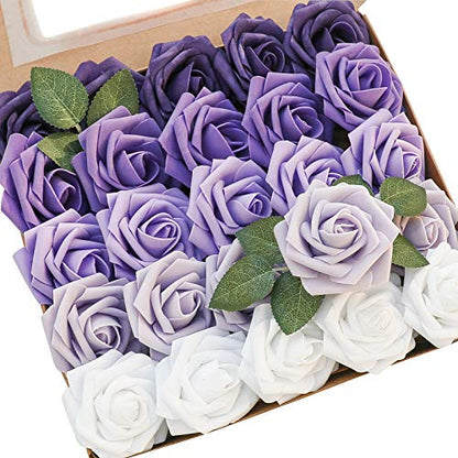 Artificial Flowers 25pcs Real Looking Violet Purple Ombre Colors Foam Fake Roses with Stems for DIY Wedding Bouquets Bridal Shower Centerpieces Party Tables Home Decorations (25 Count)