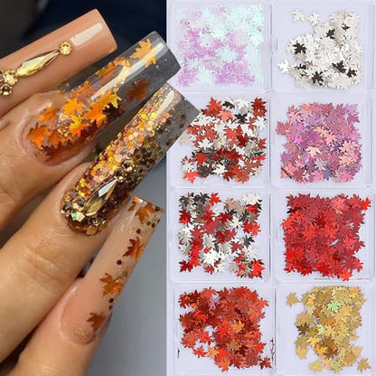 Thanksgiving Glitter Maple Leaf Nail Sequins Fall Nail Flakes Design Nail Charms Holographic Laser Mixed Color 3D Confetti Nail Glitter Sequins for Women (2 Ounce)