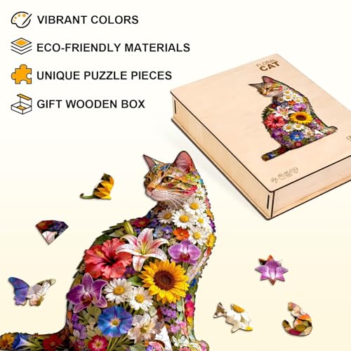 Floral cat Puzzles Adults Gifts Wooden 65 Pieces 8.5 * 6.9in (65 Count)