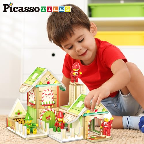 Magnetic Tile Christmas Holidays Cottage Building Set with Santa Elves Nutcracker 6 Character Figures STEM Educational Construction Toy Winter Magnet Block Gift for Kids Age 3 Plus PTQ08