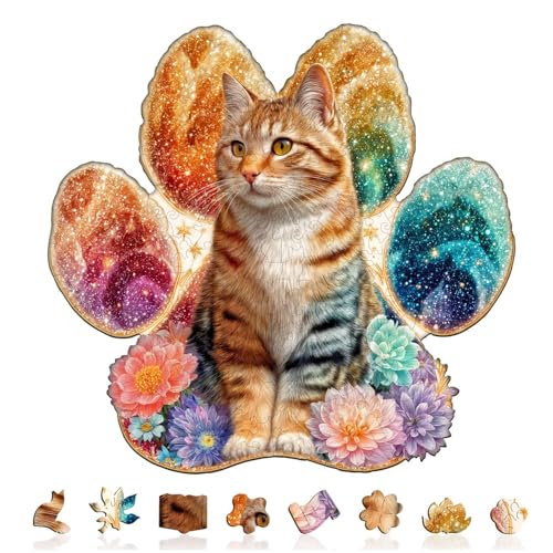 Colorful Flower Paws Cat Puzzles Adults Gifts for Women Men Wooden 235 Pieces 13.4x12.9in