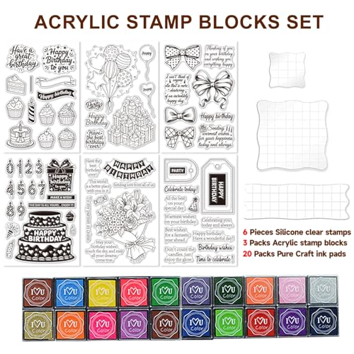 6 Pcs Clear Stamps for Birthday Card Making Supplies 20 Ink Pad