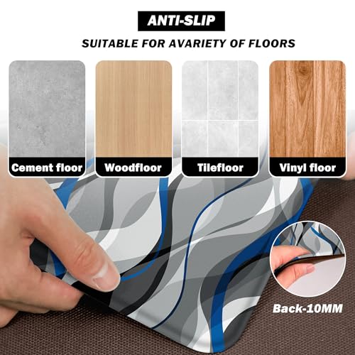 Kitchen Mats for Floor Modern Abstract kitchen rugs Grey and Blue Stripe Anti Fatigue Kitchen Mats Waterproof Floor Mats Cushioned Non