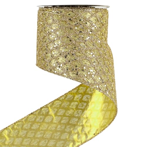 Gold Glitter Diamond Wired Christmas Ribbon 4 inch x 10 Yards (30 Foot)