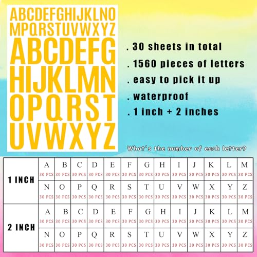 Letter Stickers 1560 Pieces 30 Sheets Stick on Vinyl Letters Capital Alphabet Sticker Letter for Craft Bulletin Boards Classroom Home Business Decor (1560 Count)