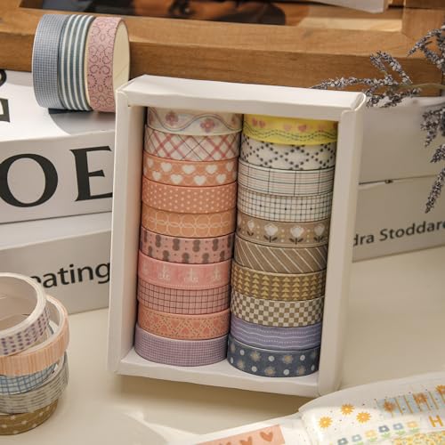 20 Rolls Basic Washi Tape Set Japanese Arts Adhesive Tapes Simple Patterns Decorative Masking Tape Sets for Craft (20 Count)