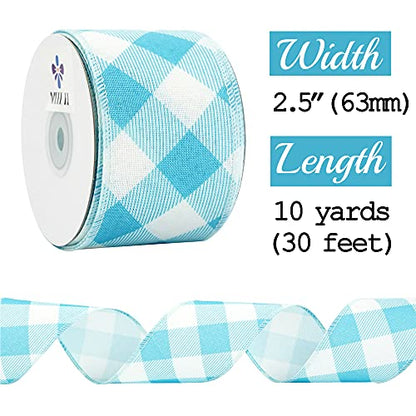 Blue and White Check Ribbon Christmas Wired Ribbon Blue White Burlap Ribbon 2.5 Inch X 10 Yards for Crafts Christmas Tree Decoration Birthday Decor Bows Making Flower Wreath Gift Wrapping (30 Foot)