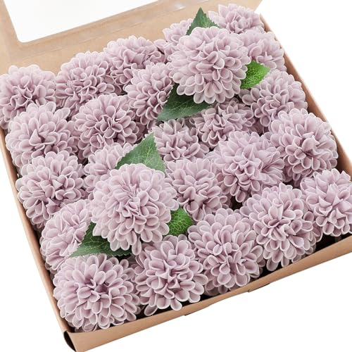 Artificial Dahlia Flowers 25pcs Real Looking Pale Lavender Foam Fake Roses with Stems for DIY Wedding Bouquets Lilac Bridal Shower Centerpieces Floral Arrangements Party Tables Home Decoration (25 Count)