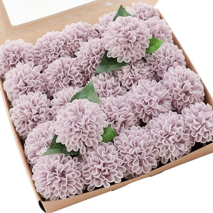 Artificial Dahlia Flowers 25pcs Real Looking Pale Lavender Foam Fake Roses with Stems for DIY Wedding Bouquets Lilac Bridal Shower Centerpieces Floral Arrangements Party Tables Home Decoration (25 Count)