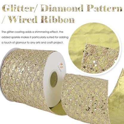 Glitter Champagne Gold Wired Christmas Ribbon 4 inch x 10 Yards (30 Foot)