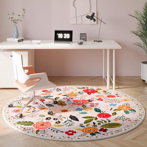 Round Rug 4ft Washable Circle Rug Non Slip Low Pile Boho Floral Small Circular Rug for Bedroom