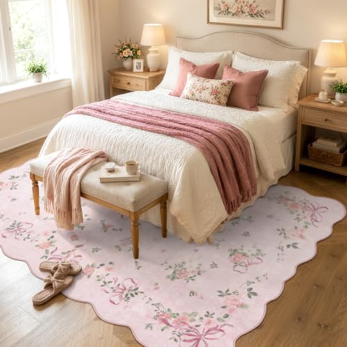 Pink Bow Floral Rug for Bedroom