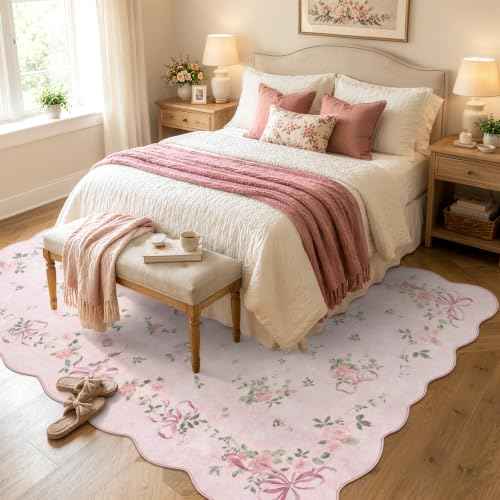 Pink Bow Floral Rug for Bedroom