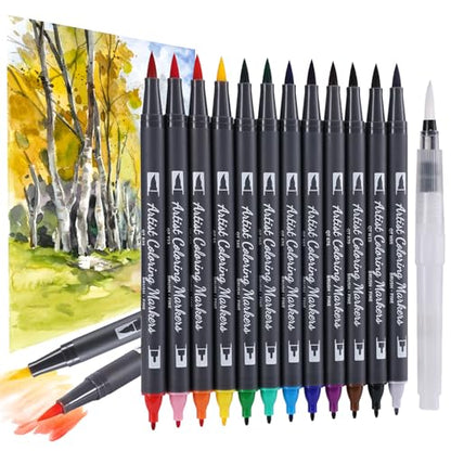 12 Colors Blendable Watercolor Markers for Adults 2026 Professional Double Tip Paint Pens with 1 Water Brush Pen Water Based Coloring Pens Drawing Markers Set with Flexible Brush Tip (12 Count)